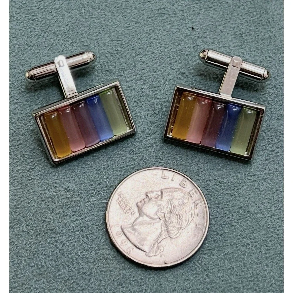 Vintage Beautiful Rainbow Fused Glass Color Rectagle Silver Tone Cufflinks